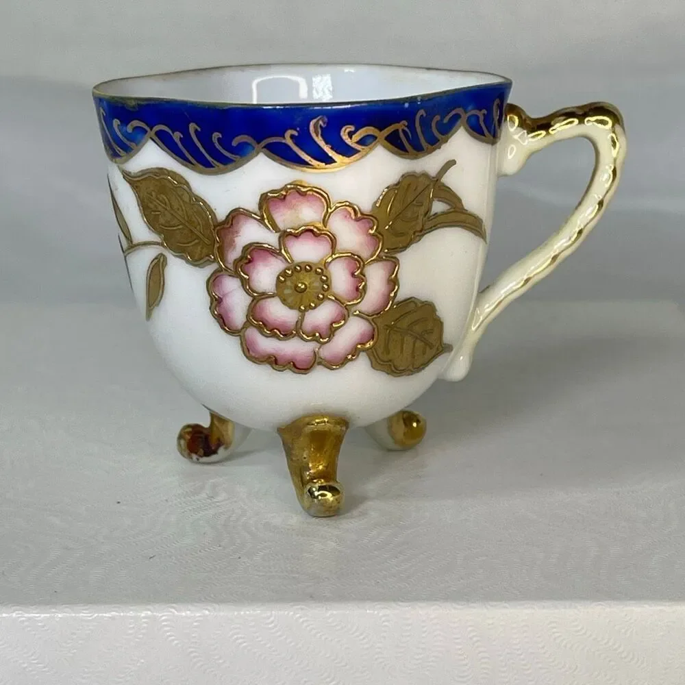 VTG miniature porcelain teacup raised gold gilt footed enamel